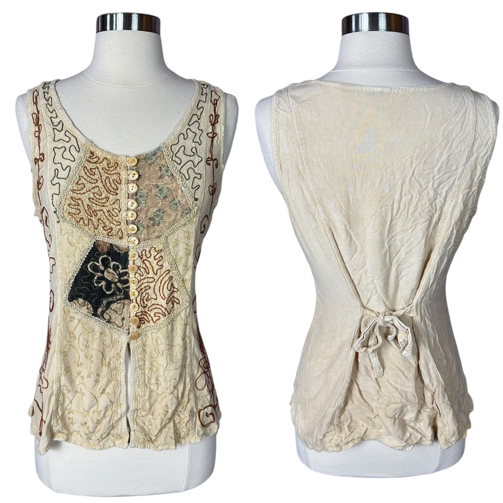 Boho Hippie Neutral Embroidered Festival Botanical Button Front Sleeveless Top M
